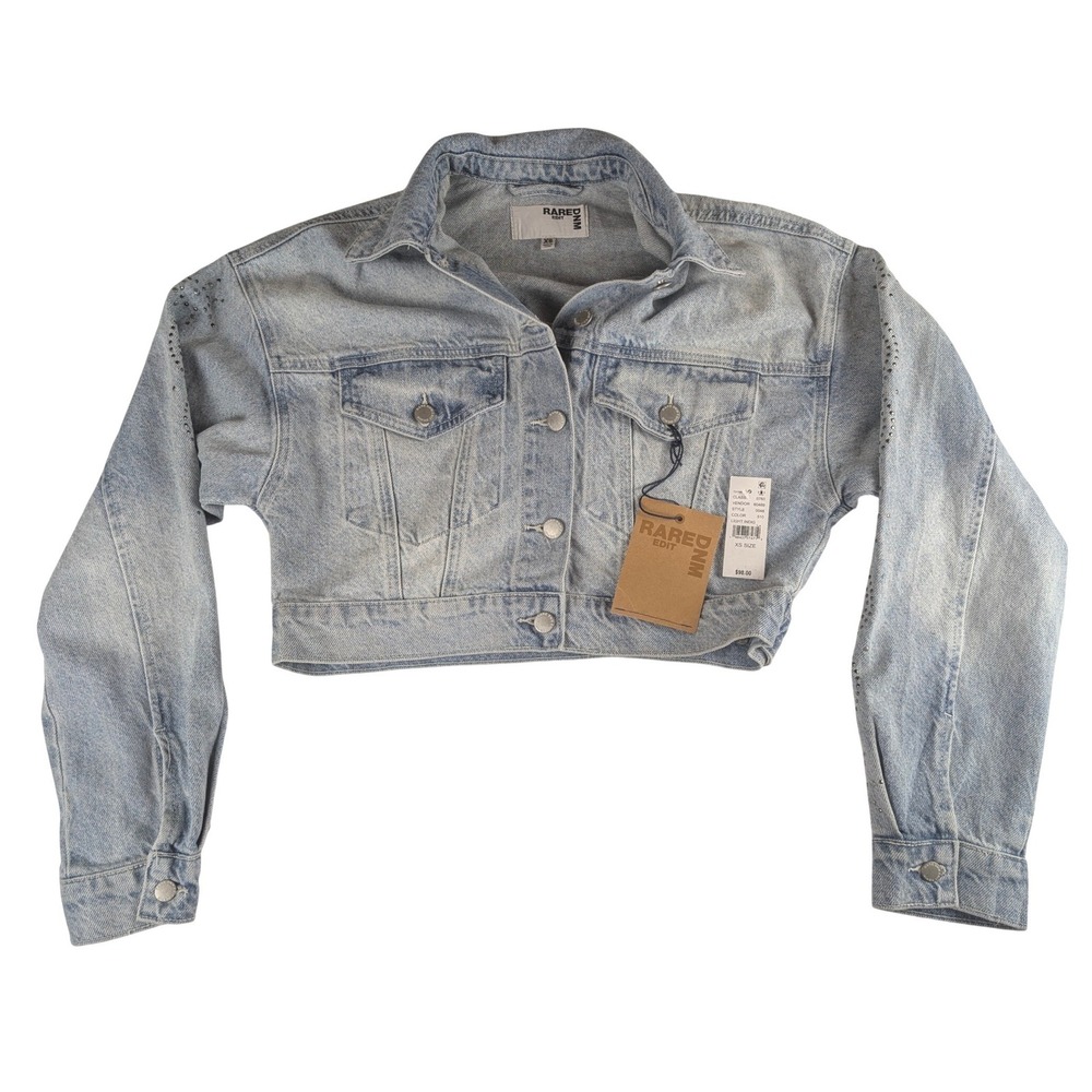 Rare Edit DNM Womens Cropped Denim Jacket Rhinestone Sleeve Lightβ Indigo XS New
